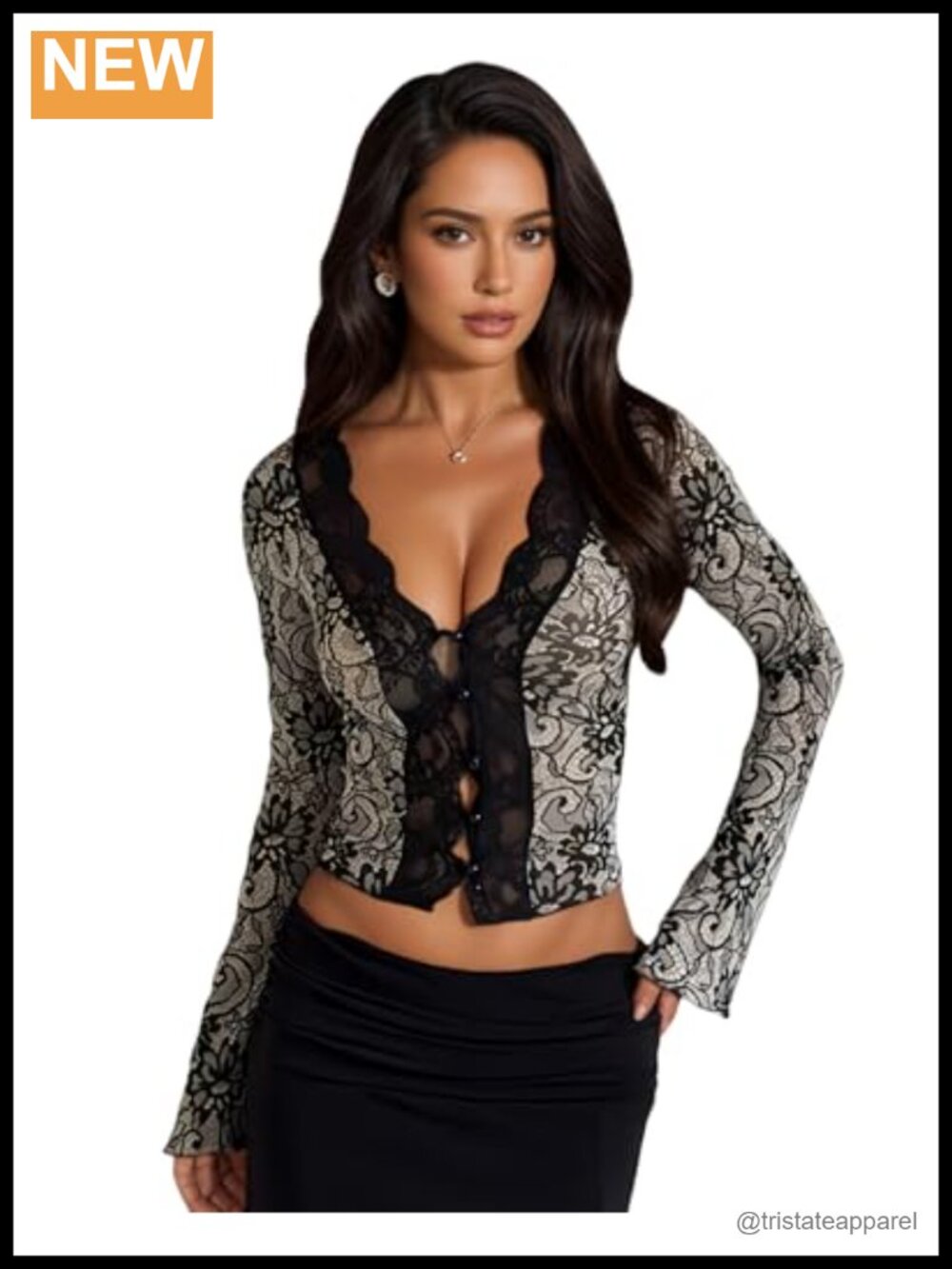 Sheer Floral Lace Flare Long Sleeve Crop Top Deep V Neck Button Down Blouse